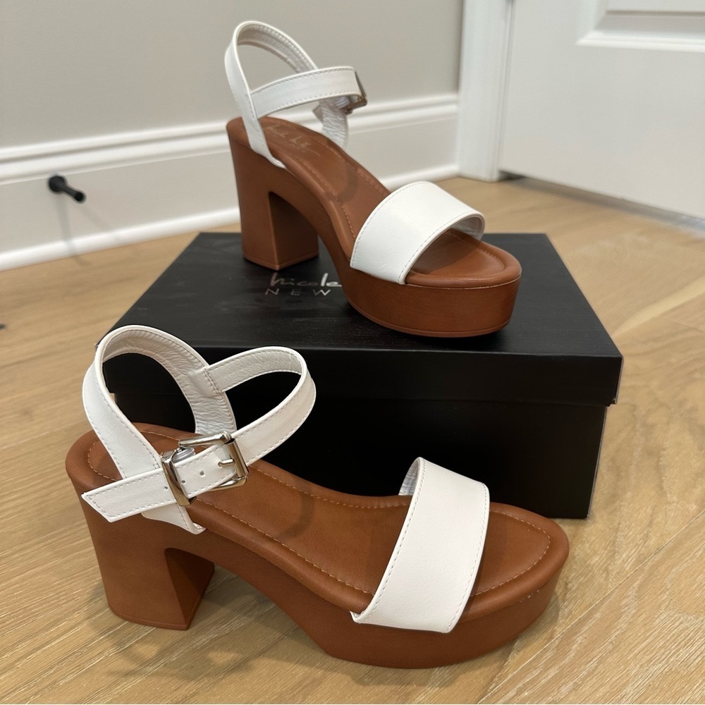 Nicole Miller Brown White Platform Heels Sandals Womens size 7.5 Casual Summer - Picture 2 of 12